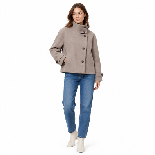 Cappotto ampio e casual da donna con collo alto, fibbia e maniche lunghe