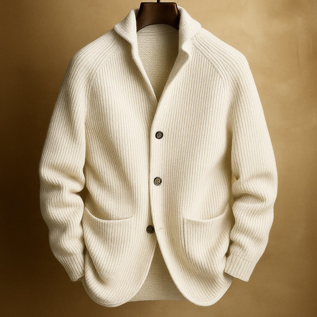 Cardigan homme laine côtelée col V chaleur stable élégant