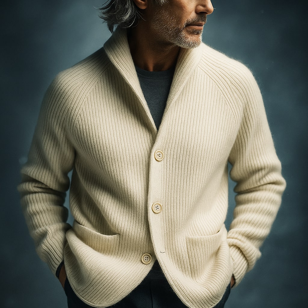 Cardigan homme laine côtelée col V chaleur stable élégant