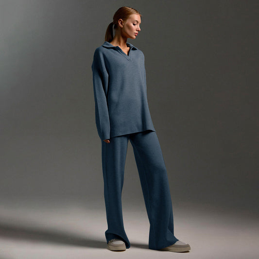 Women's wide-leg pants and polo sweater set, elegant and casual