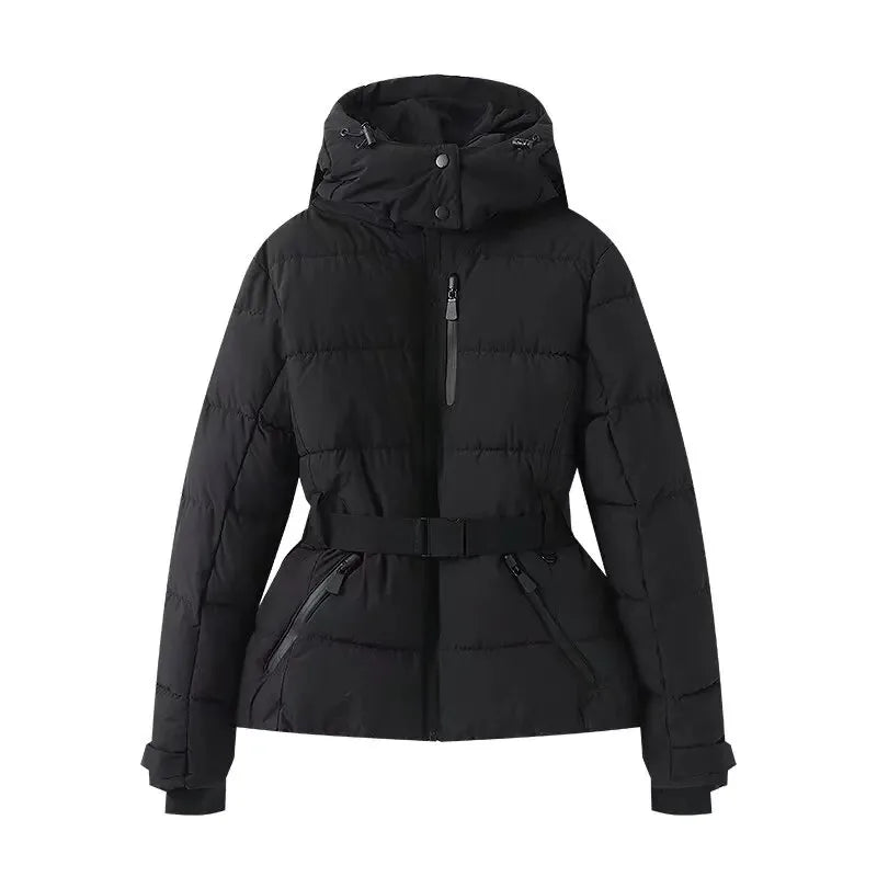 Doudoune femme capuche ceinturée slim coupe-vent taille haute