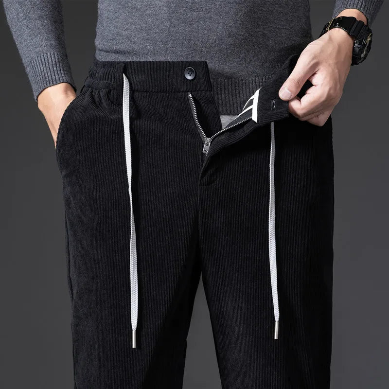 Men’s casual corduroy chinos with adjustable waist and tailored fit