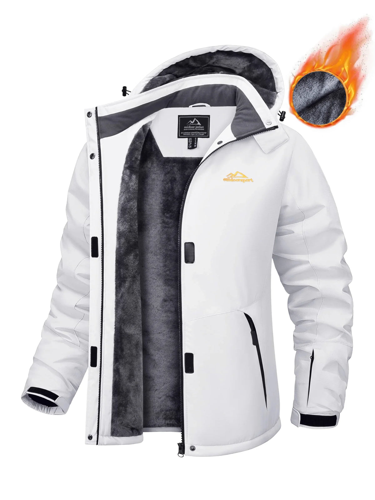 Parka impermeabile da donna con cappuccio, fodera in pile, cinque tasche con zip