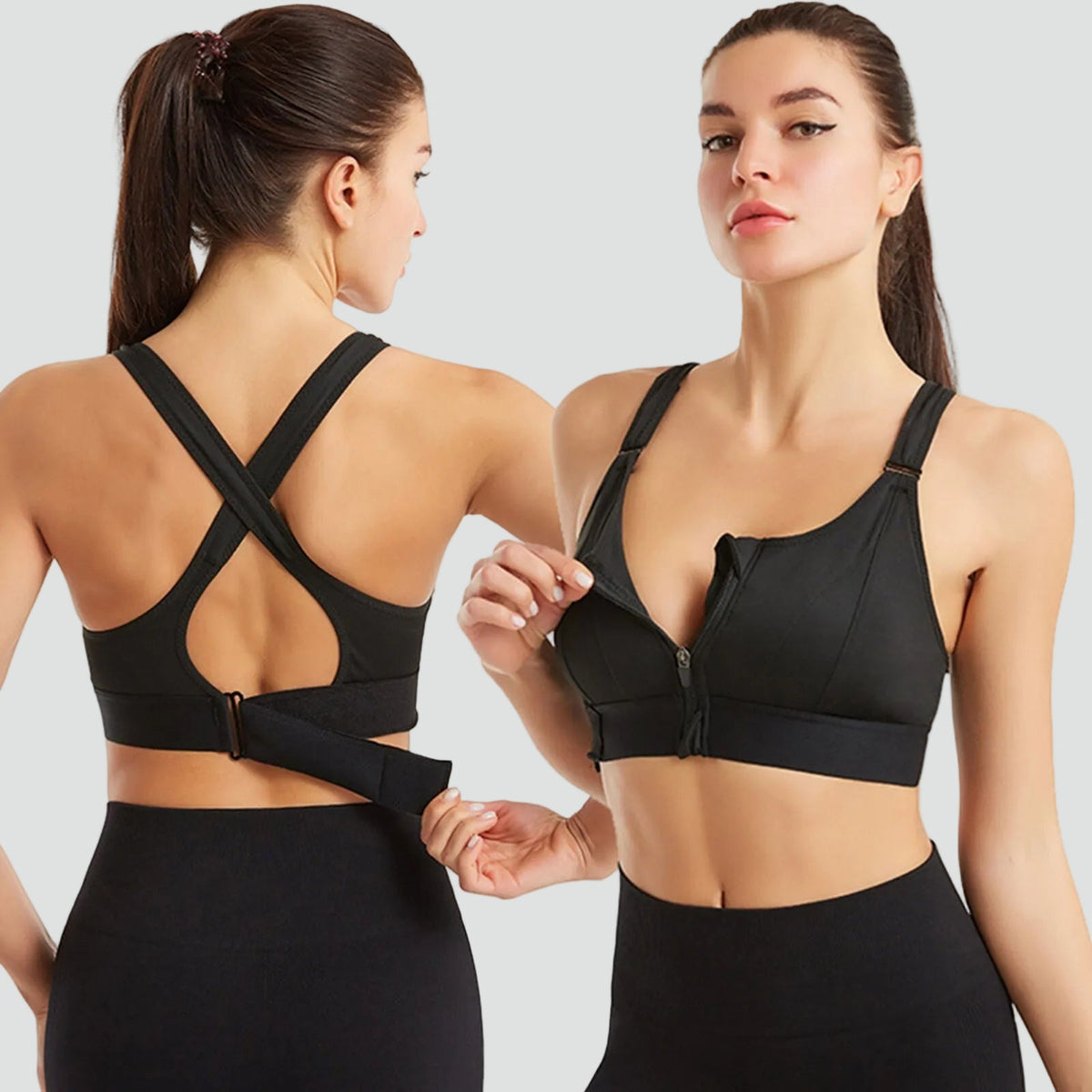 Women's medium-support sports bra with front zip and adjustable back