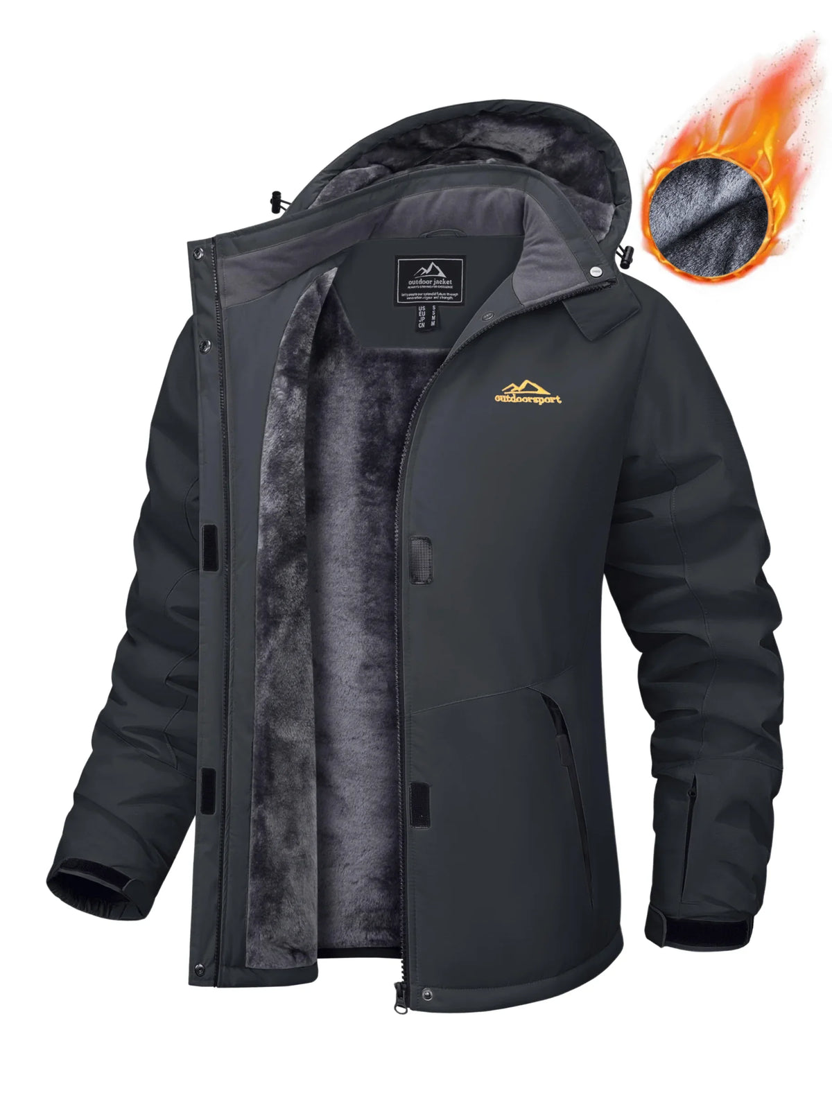 Parka impermeabile da donna con cappuccio, fodera in pile, cinque tasche con zip