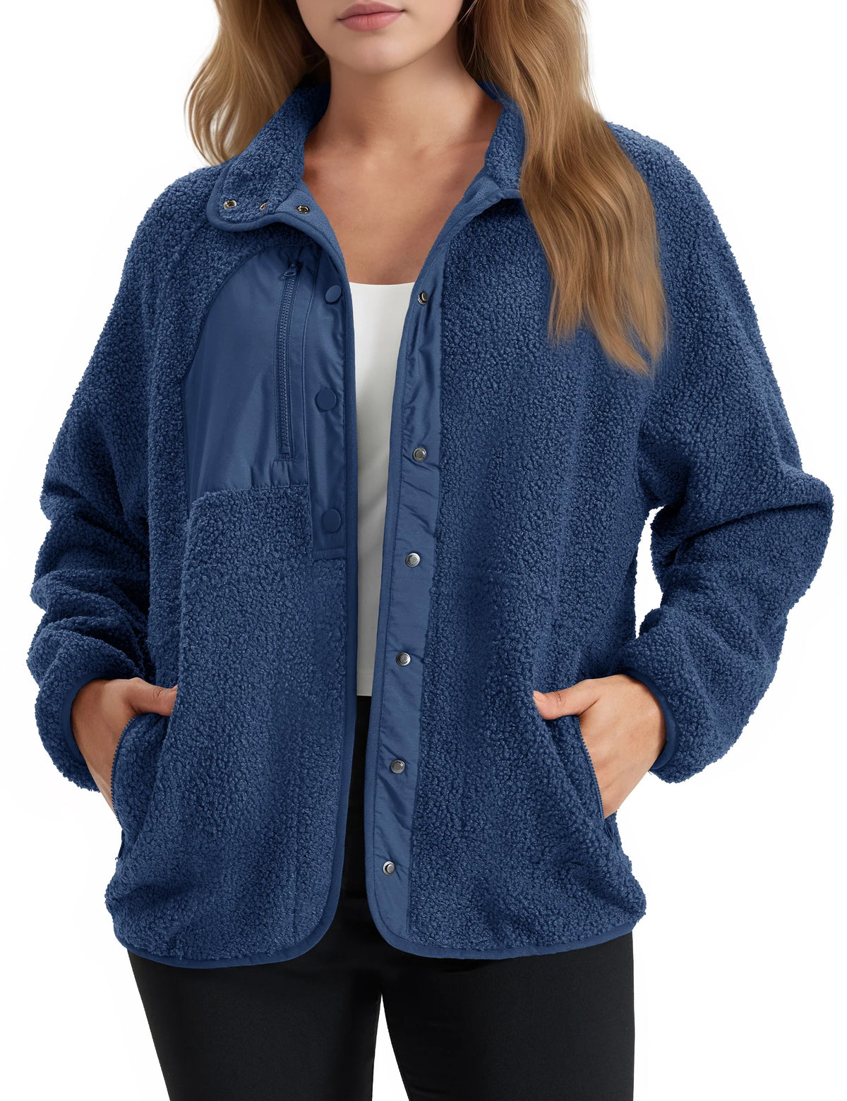 Chaqueta polar sherpa de mujer, cuello vuelto, bolsillos laterales, abotonada