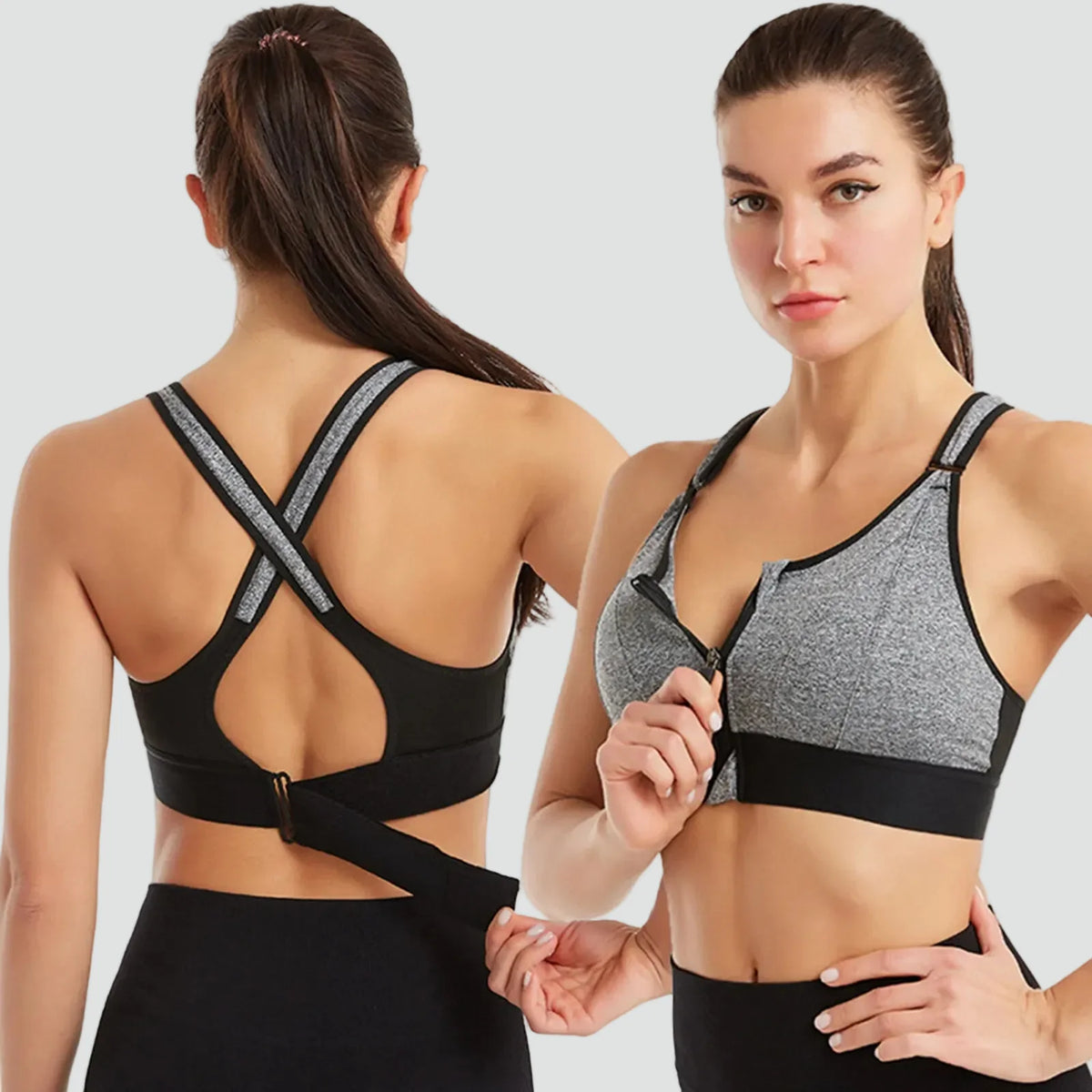Women's medium-support sports bra with front zip and adjustable back