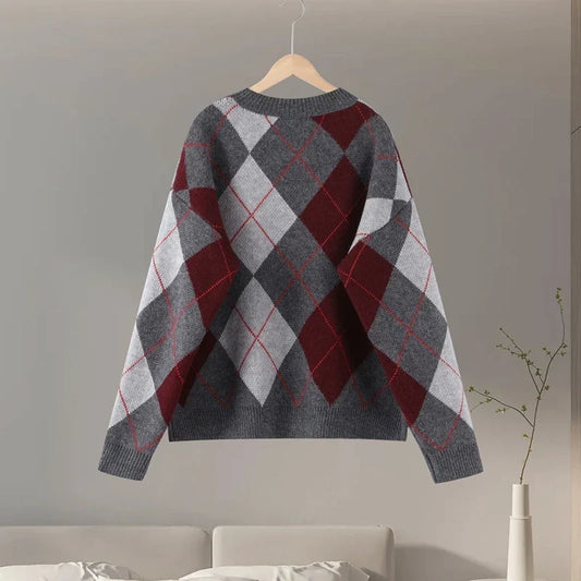 Women's Cotton Sweater with Diamond-Knit Pattern