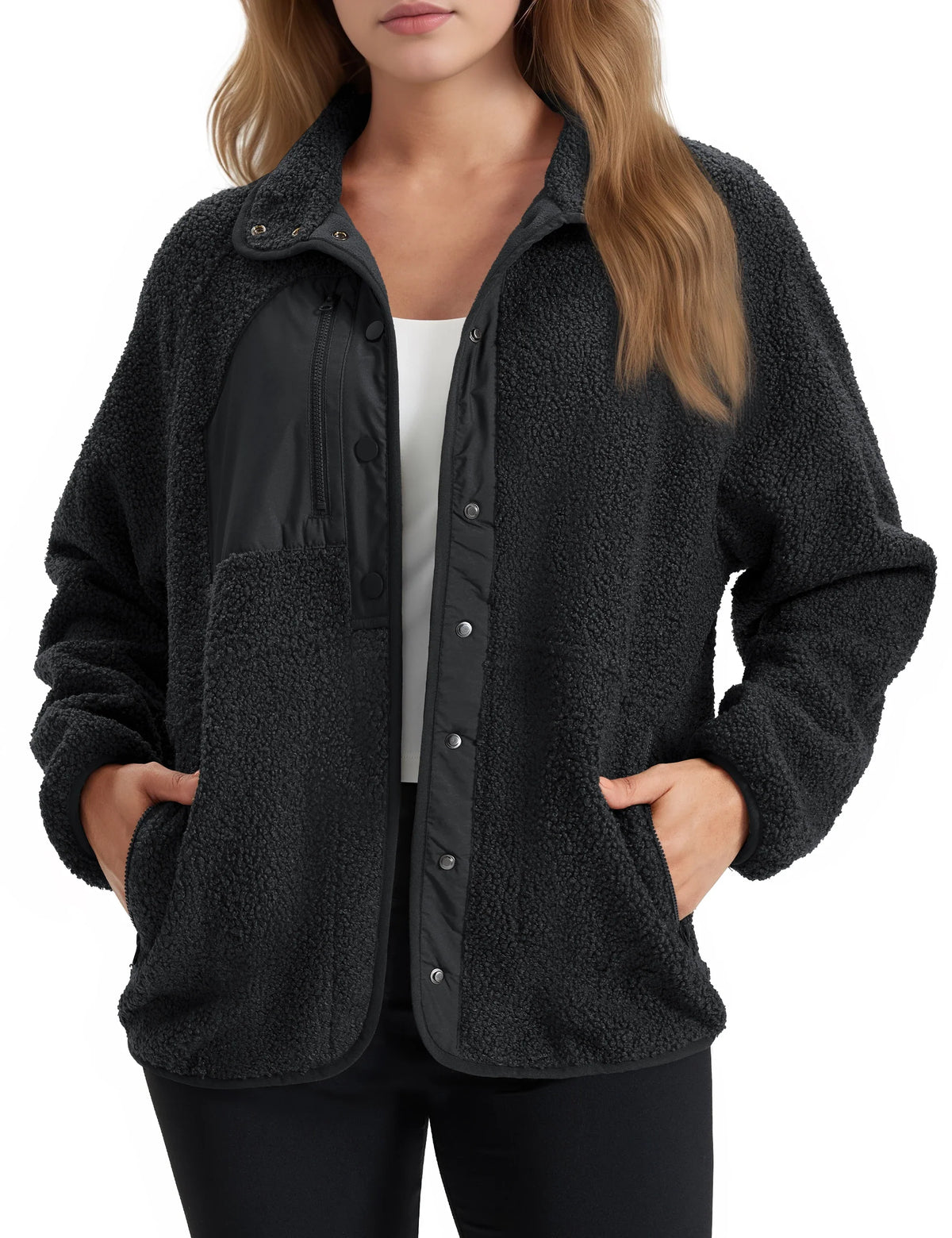 Chaqueta polar sherpa de mujer, cuello vuelto, bolsillos laterales, abotonada