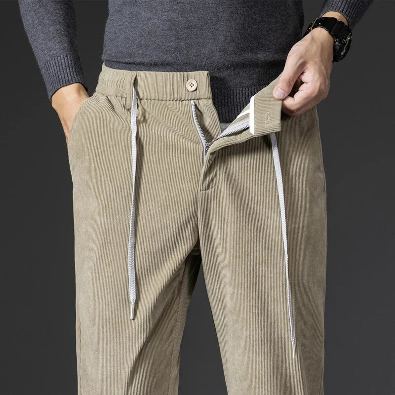 Men’s casual corduroy chinos with adjustable waist and tailored fit