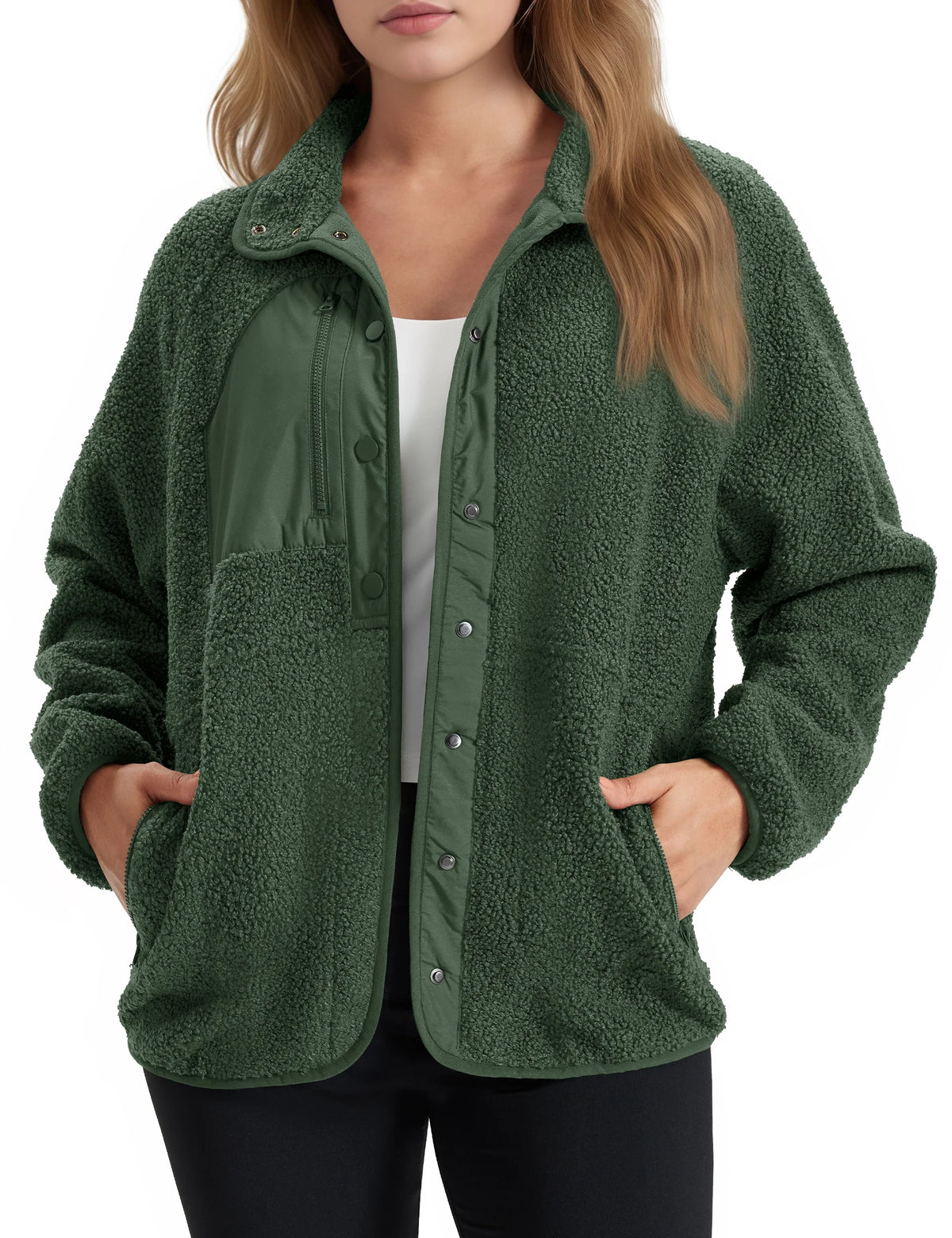 Chaqueta polar sherpa de mujer, cuello vuelto, bolsillos laterales, abotonada