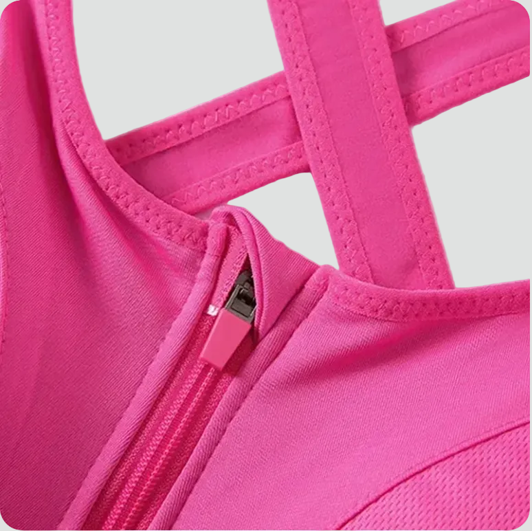 Women's medium-support sports bra with front zip and adjustable back