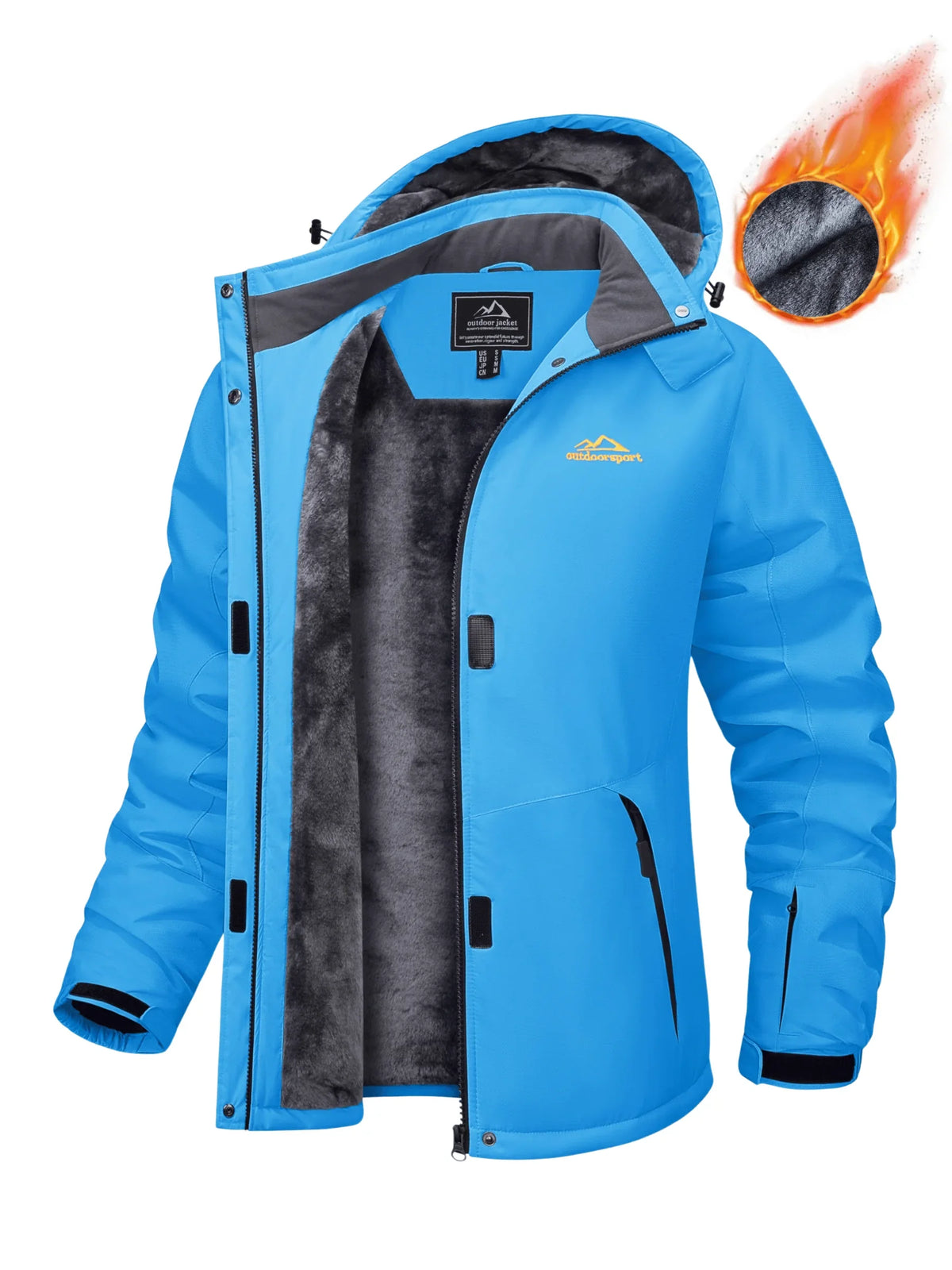Parka impermeabile da donna con cappuccio, fodera in pile, cinque tasche con zip