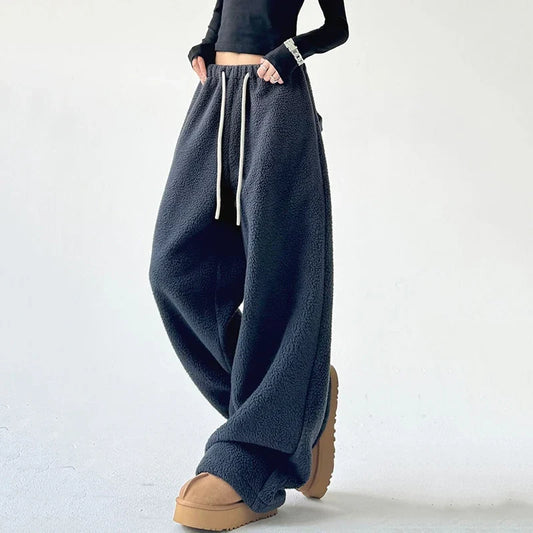 Pantalón de chándal de mujer de forro polar, corte holgado, cordón, bolsillos laterales