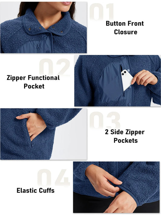 Giacca in sherpa pile da donna, colletto risvoltato, tasche laterali, abbottonata