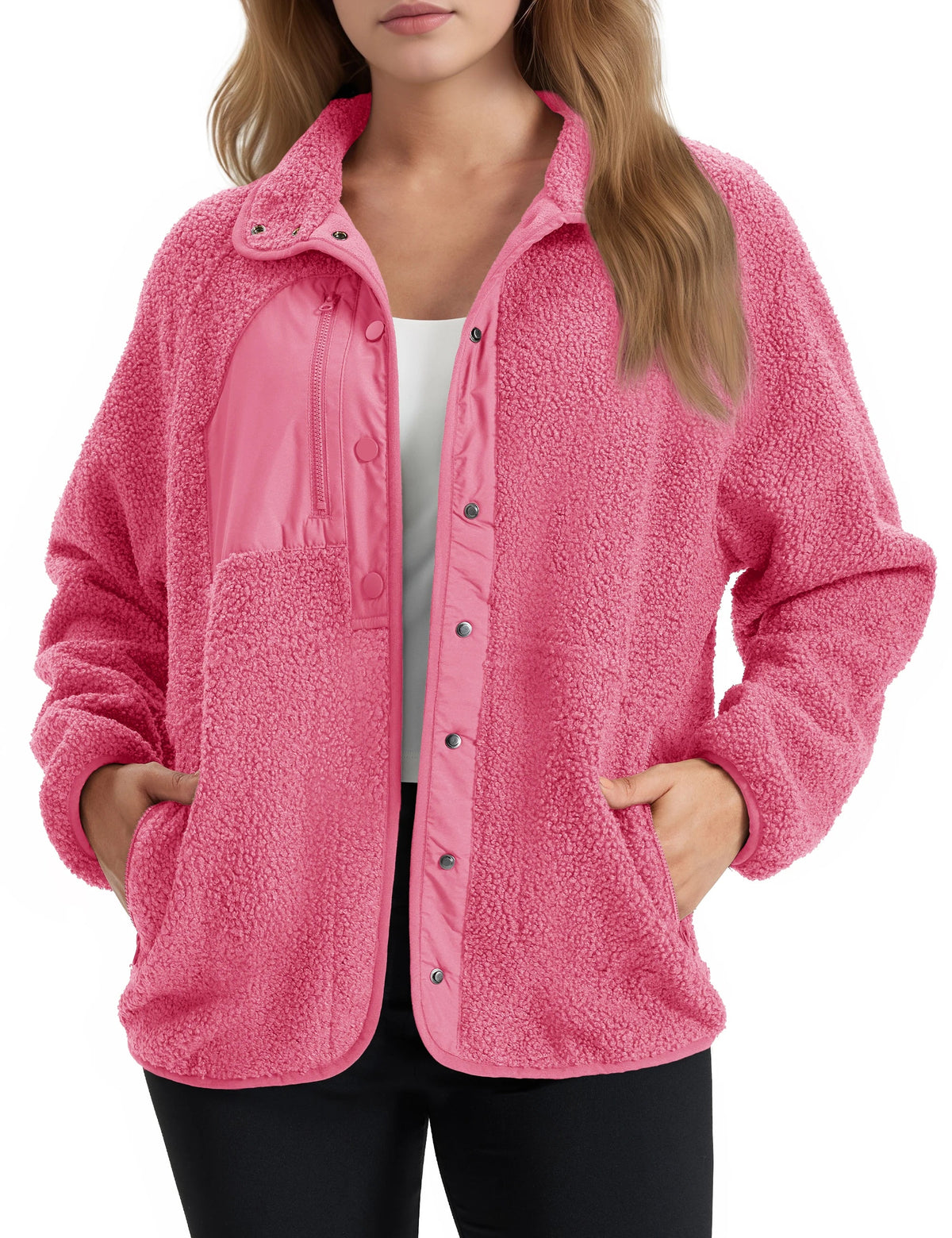 Chaqueta polar sherpa de mujer, cuello vuelto, bolsillos laterales, abotonada