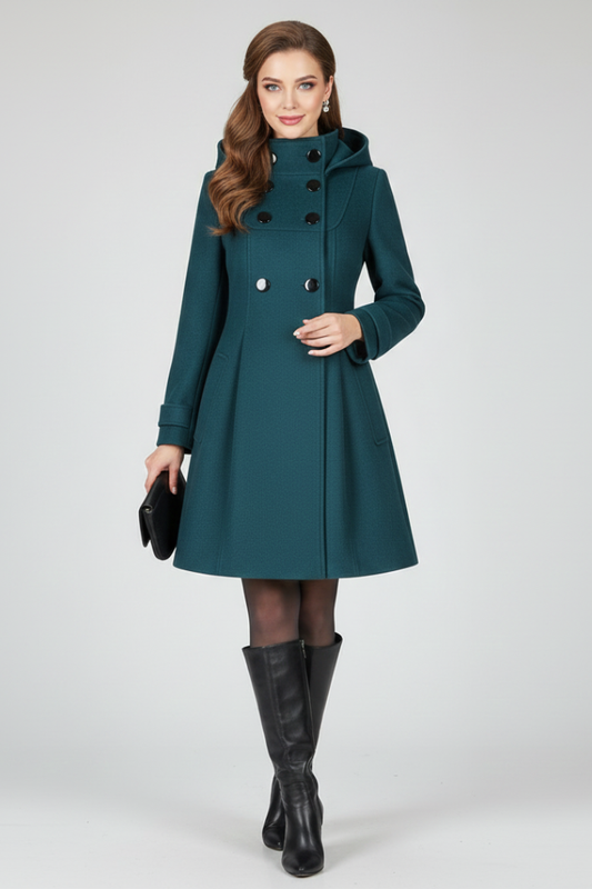 Women's everyday coat, hood, double-breasted, flap pockets