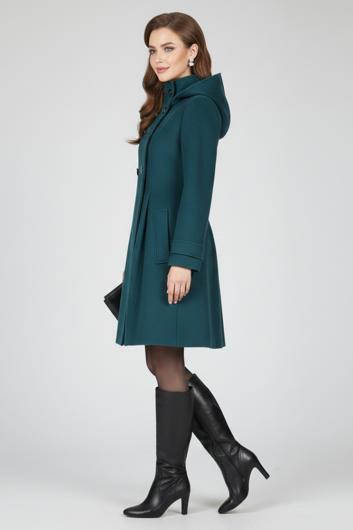 Women's everyday coat, hood, double-breasted, flap pockets