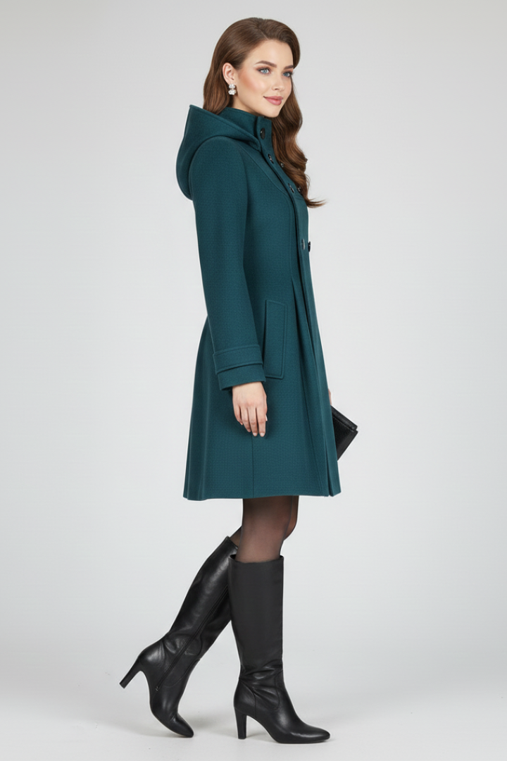 Women's everyday coat, hood, double-breasted, flap pockets
