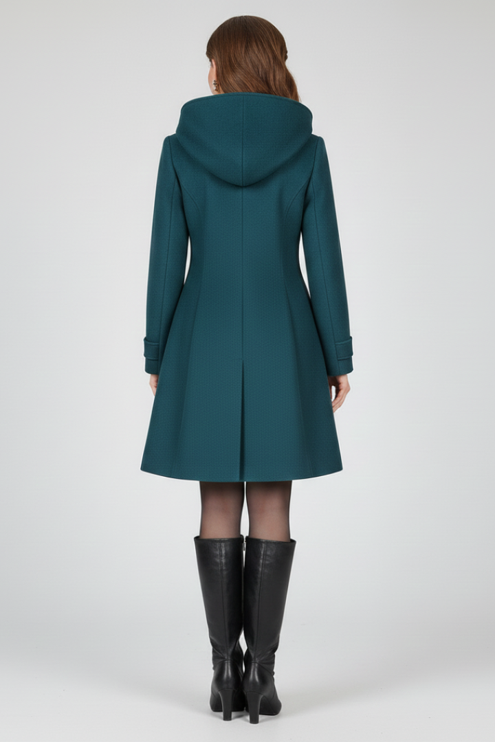 Women's everyday coat, hood, double-breasted, flap pockets