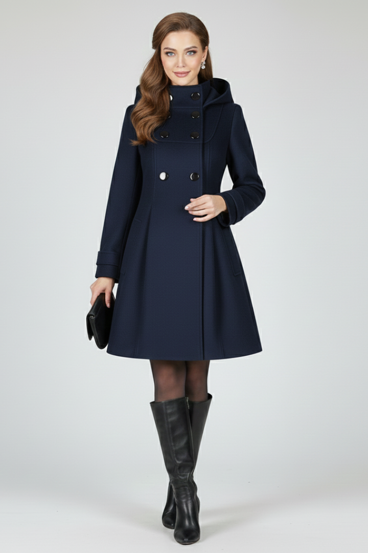 Women's everyday coat, hood, double-breasted, flap pockets