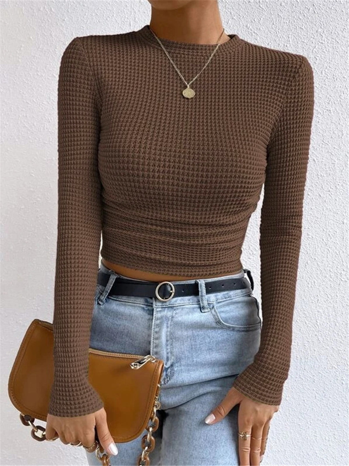Top gaufré femme col rond manches longues thermique quotidien