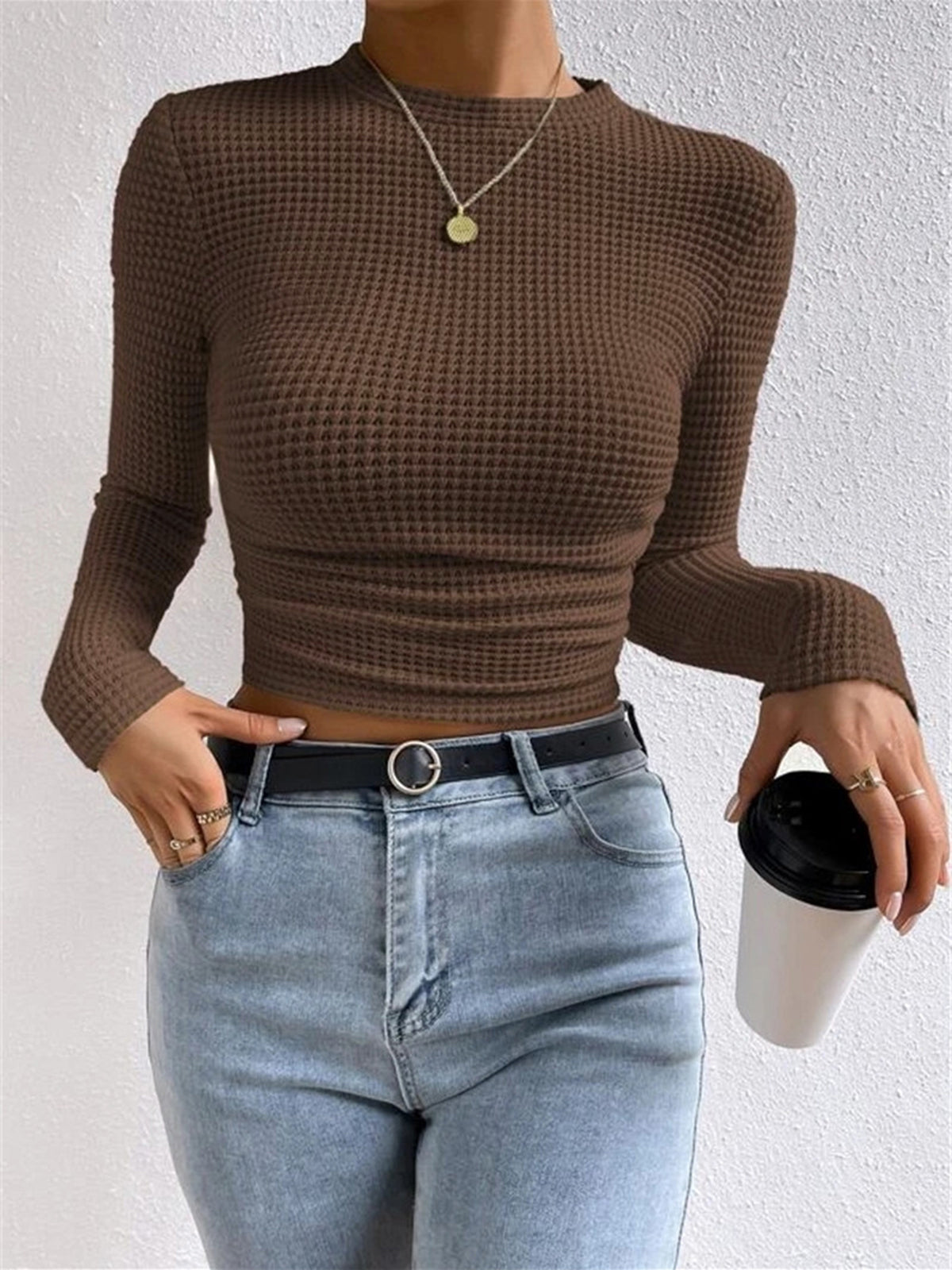 Top gaufré femme col rond manches longues thermique quotidien