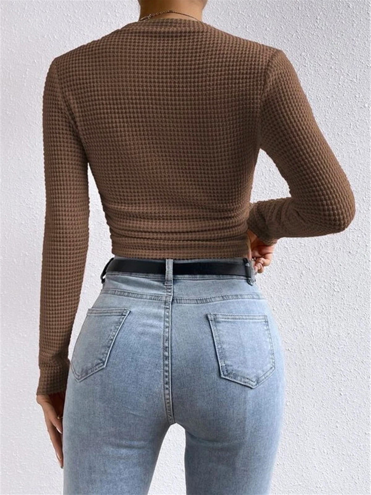 Top gaufré femme col rond manches longues thermique quotidien