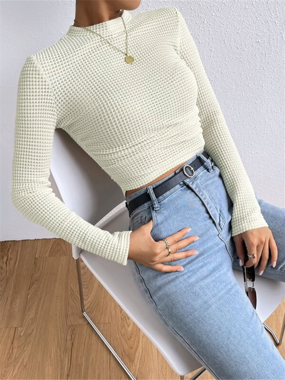 Top gaufré femme col rond manches longues thermique quotidien