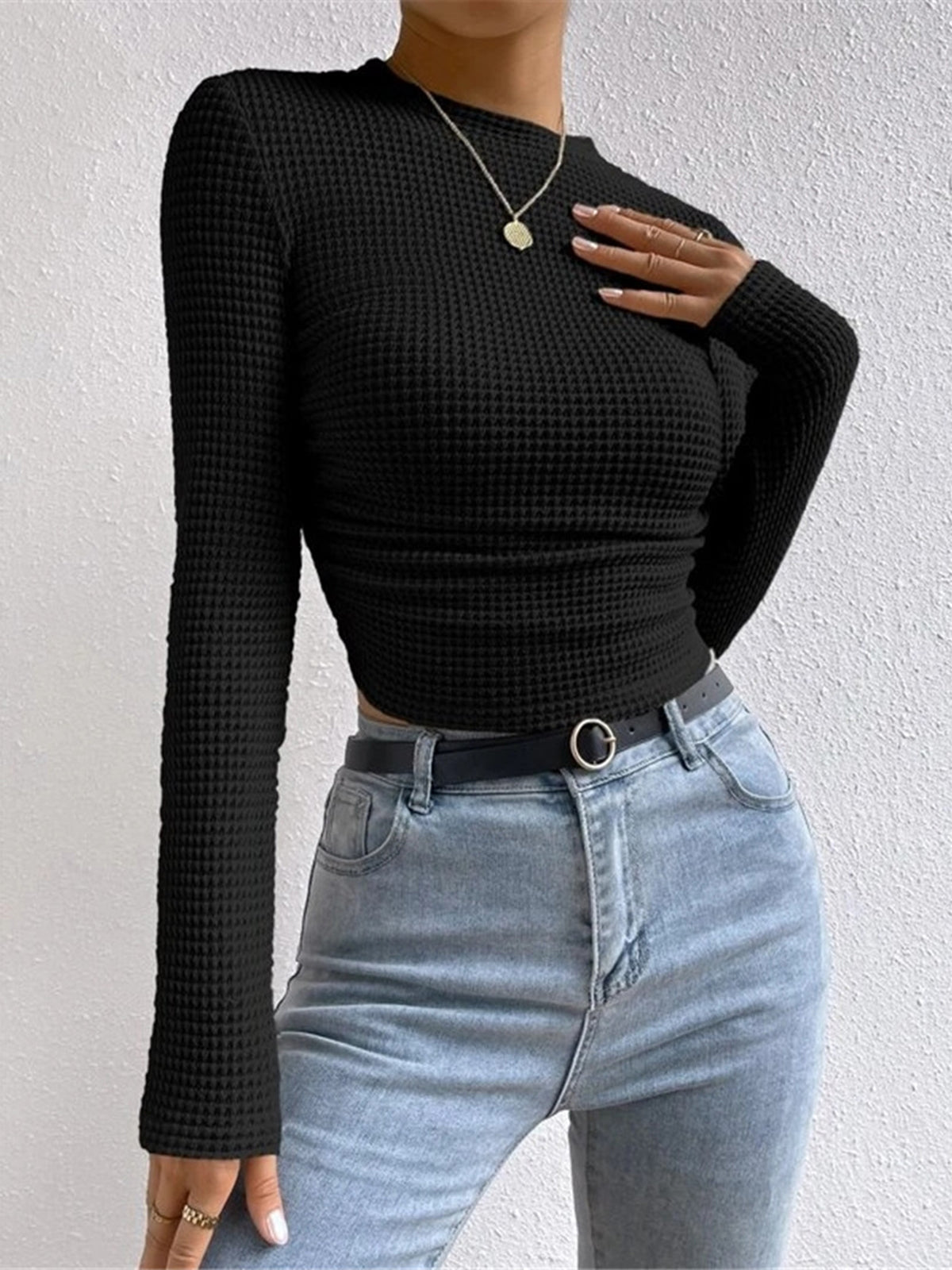 Top gaufré femme col rond manches longues thermique quotidien