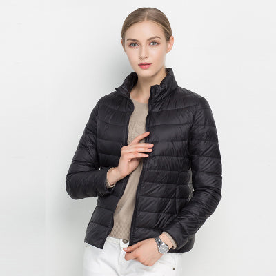 Women's quilted puffer jacket, stand-up collar, zip-up, winter protection