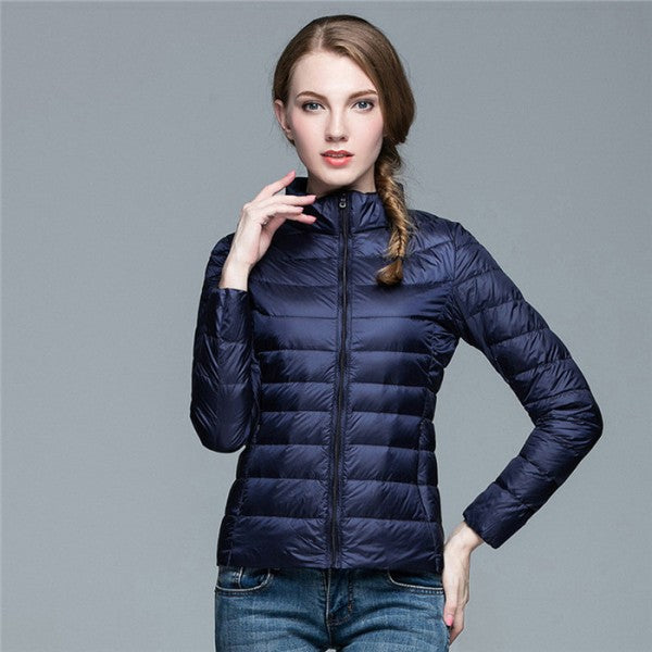 Women's quilted puffer jacket, stand-up collar, zip-up, winter protection