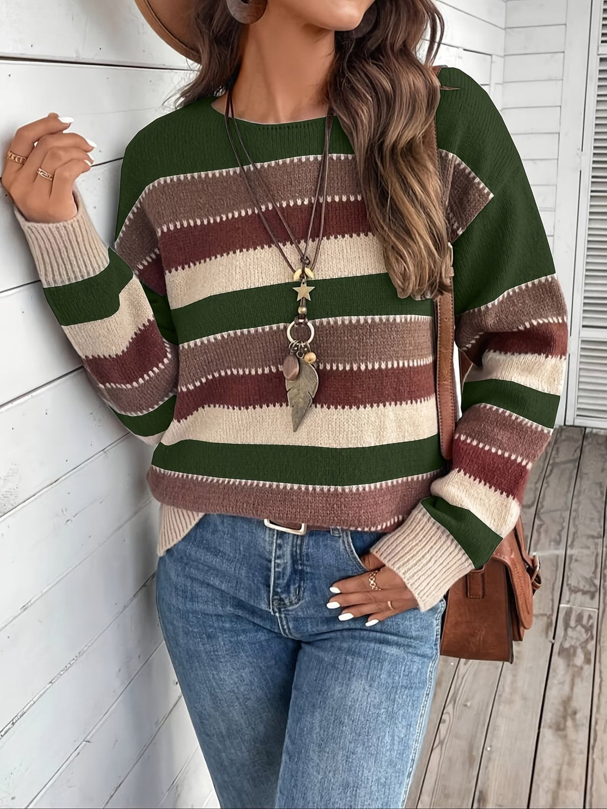 Jersey de mujer de punto a rayas, cuello redondo, clásico y atemporal