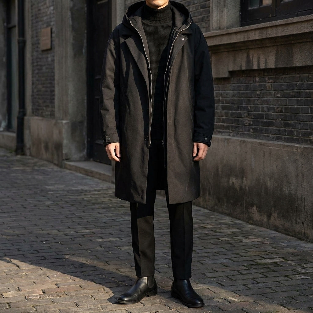 Klasický pánský kabát typu overcoat s přiléhavým střihem v nadčasovém stylu