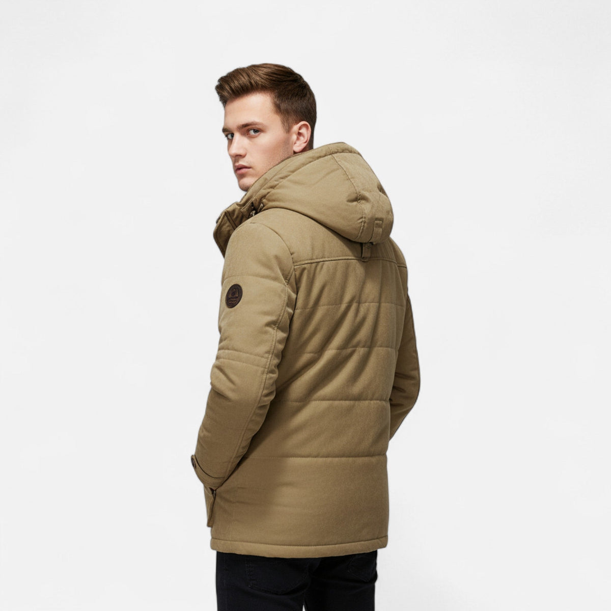 Men's thick quilted parka with hood, elegant style for extreme cold