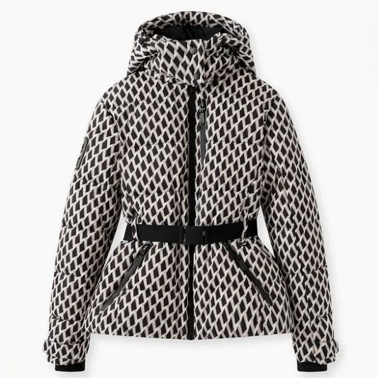 Women's quilted winter puffer jacket with belt for a defined silhouette