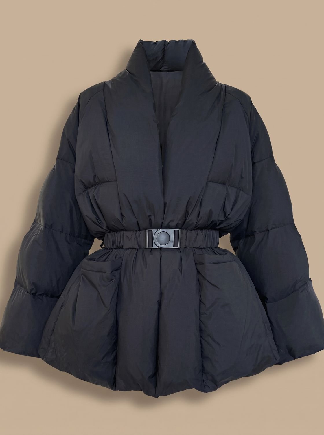Women's oversized down puffer jacket, buckle belt, stand-up collar