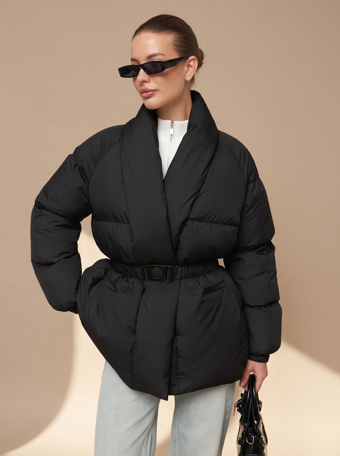 Women's oversized down puffer jacket, buckle belt, stand-up collar