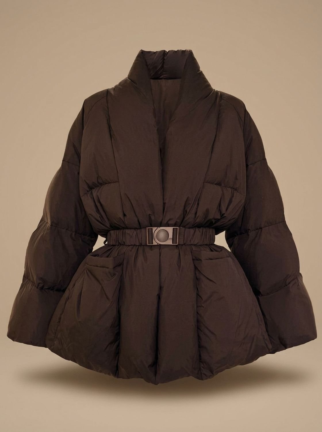 Women's oversized down puffer jacket, buckle belt, stand-up collar