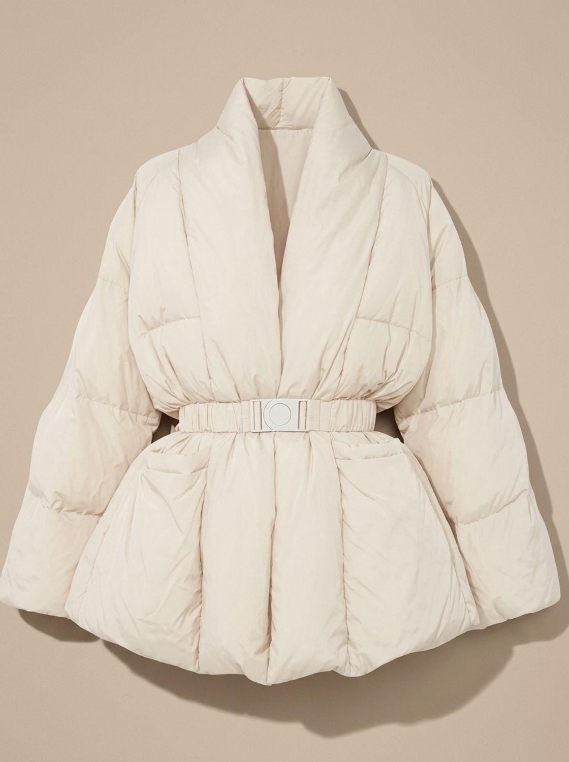 Women's oversized down puffer jacket, buckle belt, stand-up collar