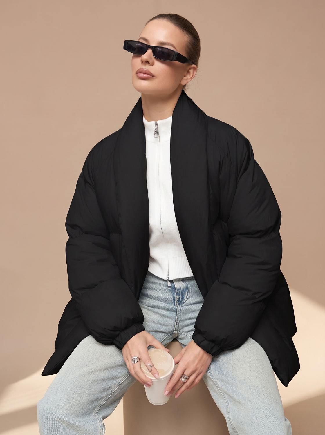 Women's oversized down puffer jacket, buckle belt, stand-up collar