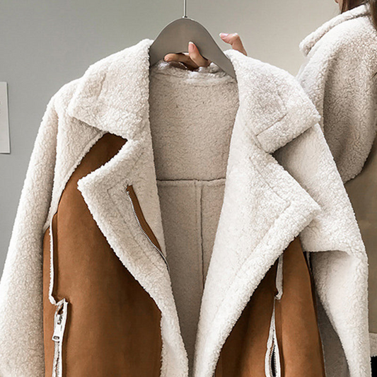 Giacca da aviatore da donna in shearling, con colletto classico, calda per l’inverno