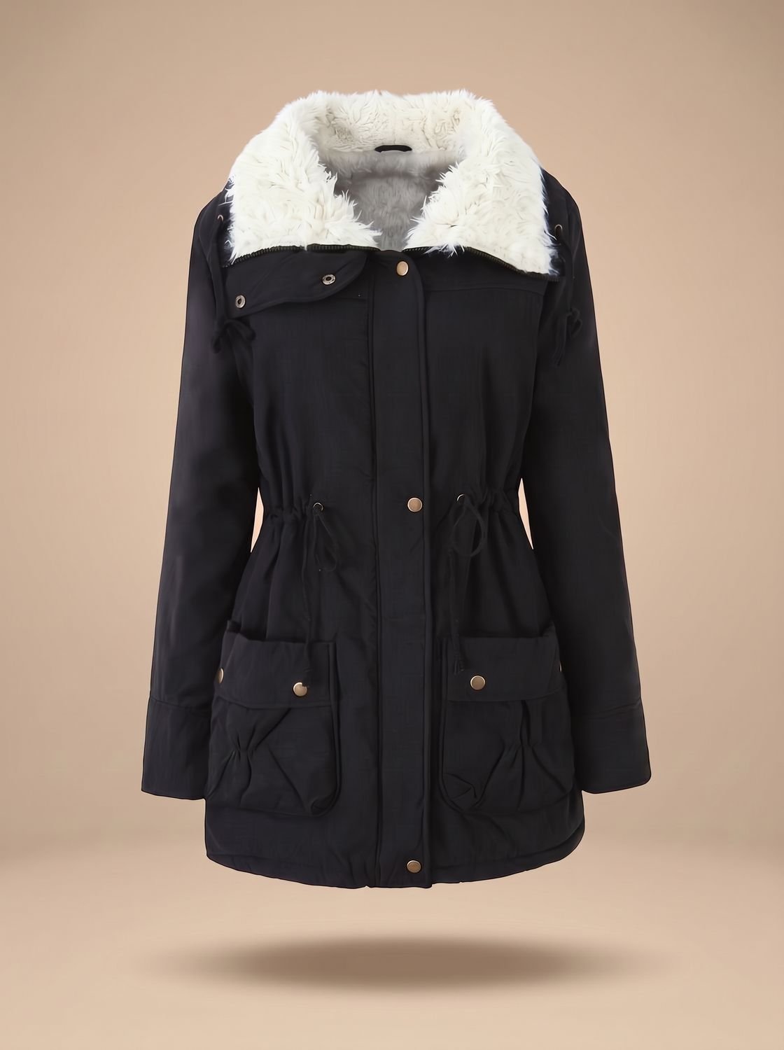Women's everyday mid-length parka, faux fur collar, waist drawstring