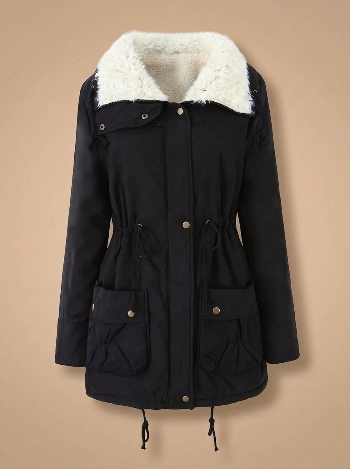Women's everyday mid-length parka, faux fur collar, waist drawstring