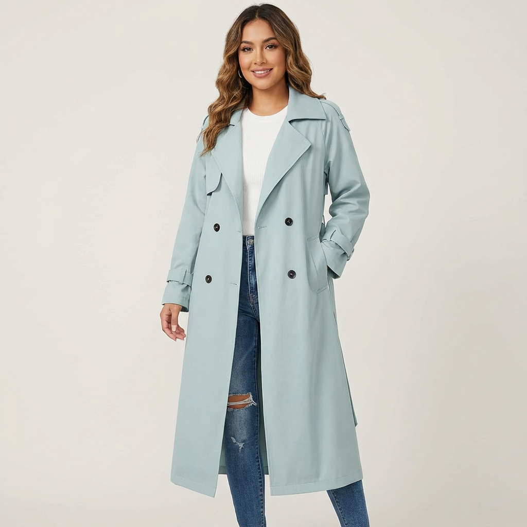 Women's long trench coat, casual formal style, classic buttoning