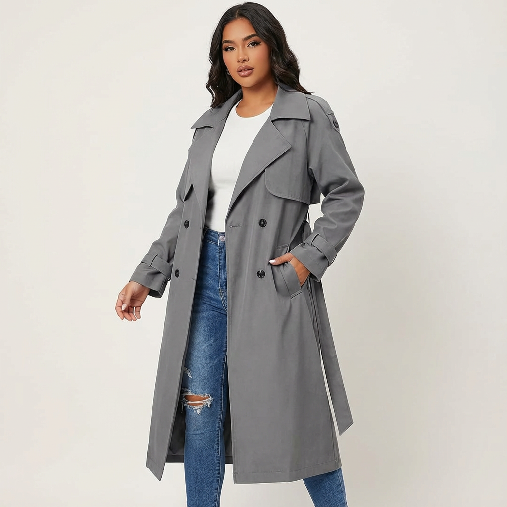 Women's long trench coat, casual formal style, classic buttoning