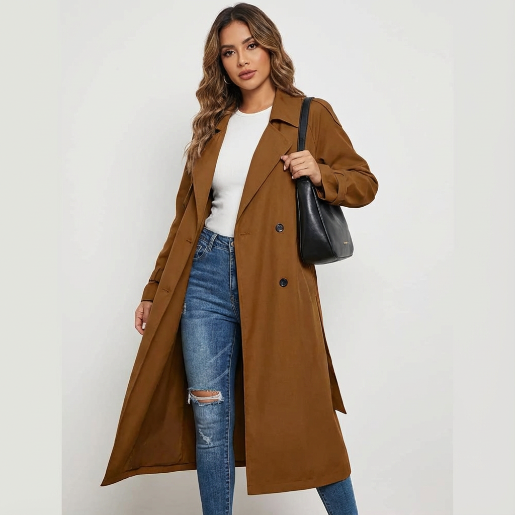 Women's long trench coat, casual formal style, classic buttoning