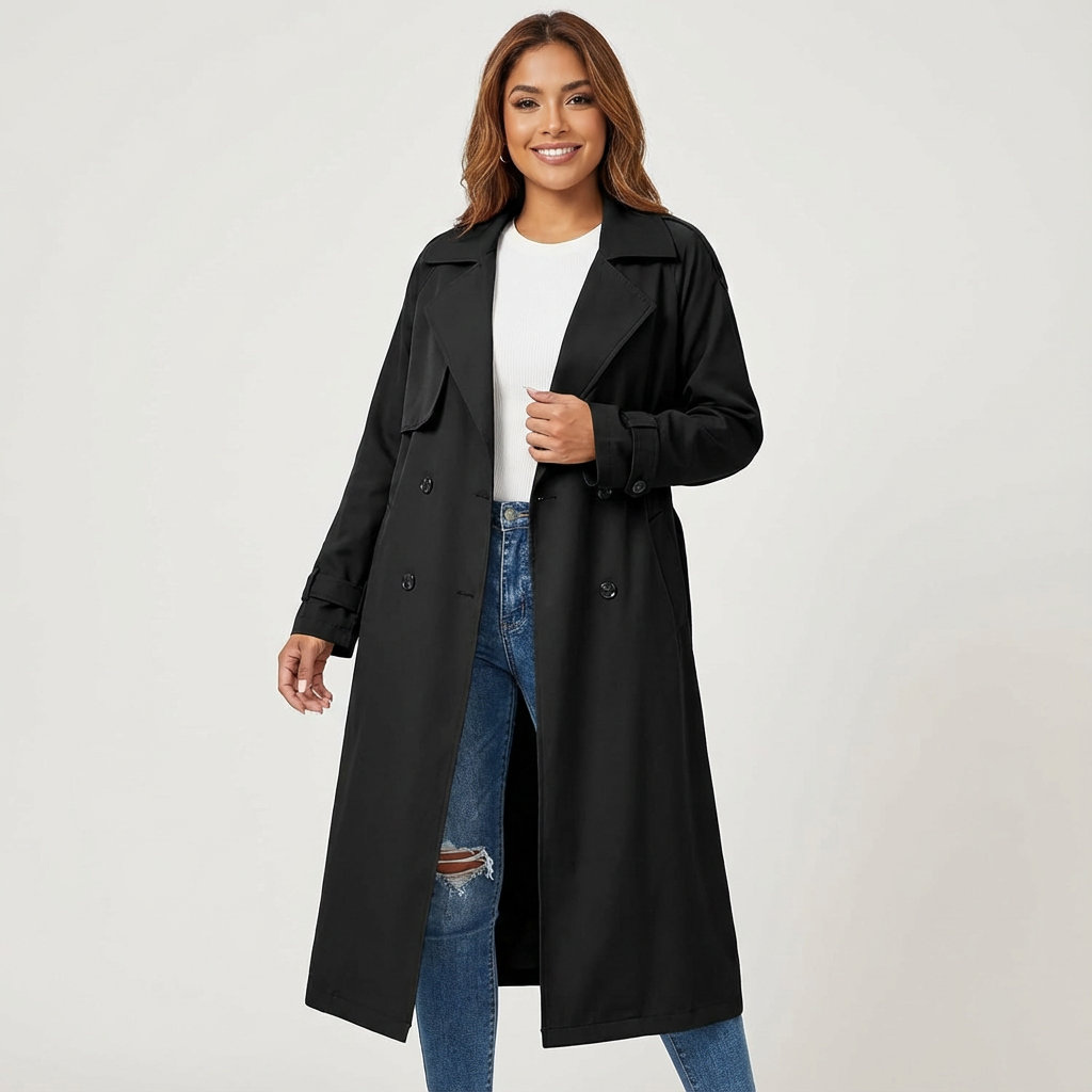 Women's long trench coat, casual formal style, classic buttoning