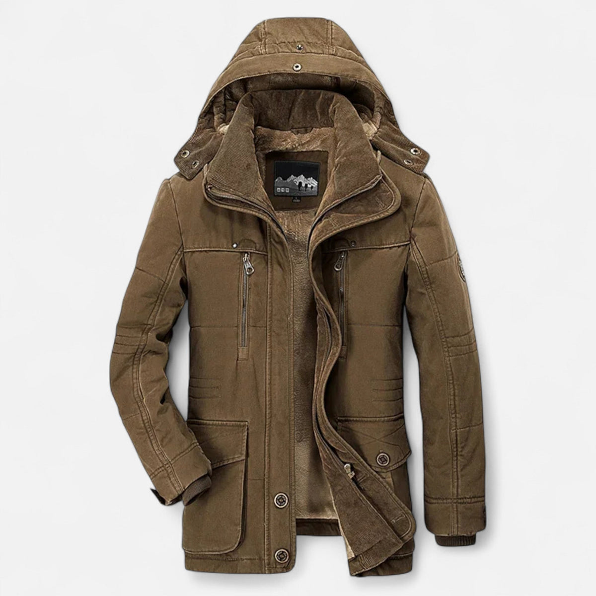 Men's thick quilted parka with hood, elegant style for extreme cold