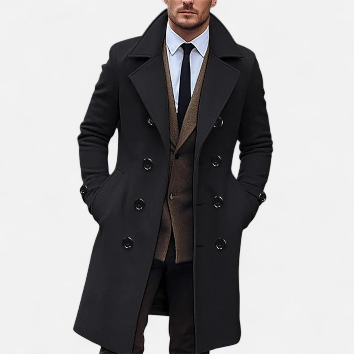 Elegantní dlouhý pánský vlněný dvouřadý kabát na zimu